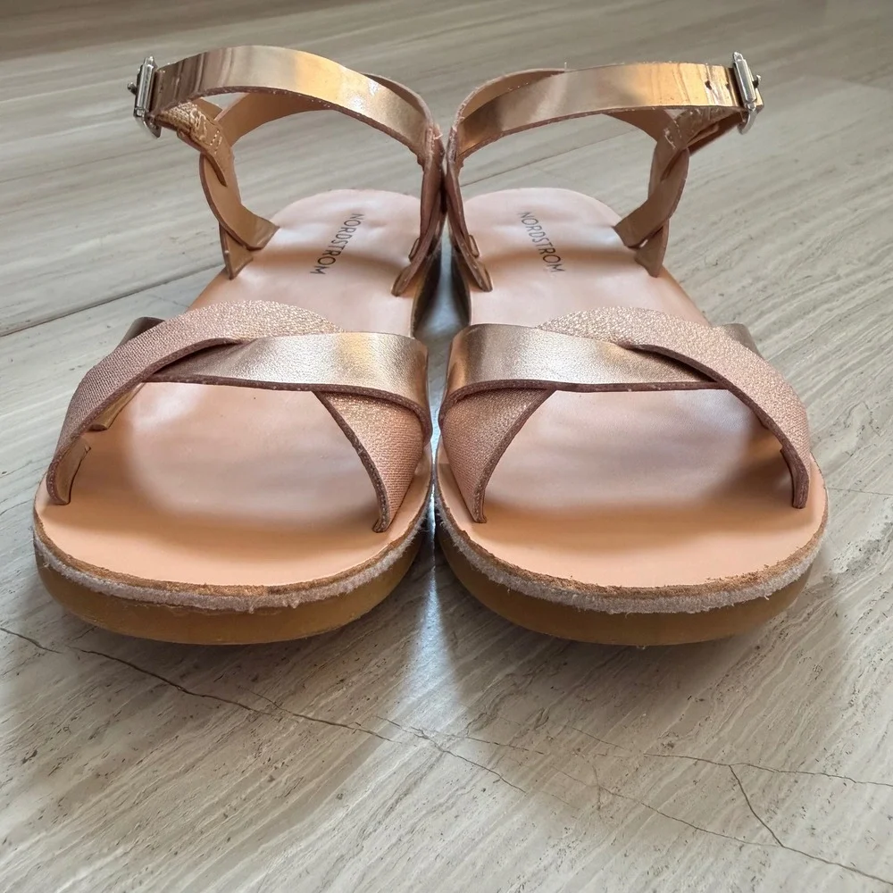 Nordstrom Sandals Nosadee Rose Gold Metallic Crisscross Straps Party Trip 10 EUC
